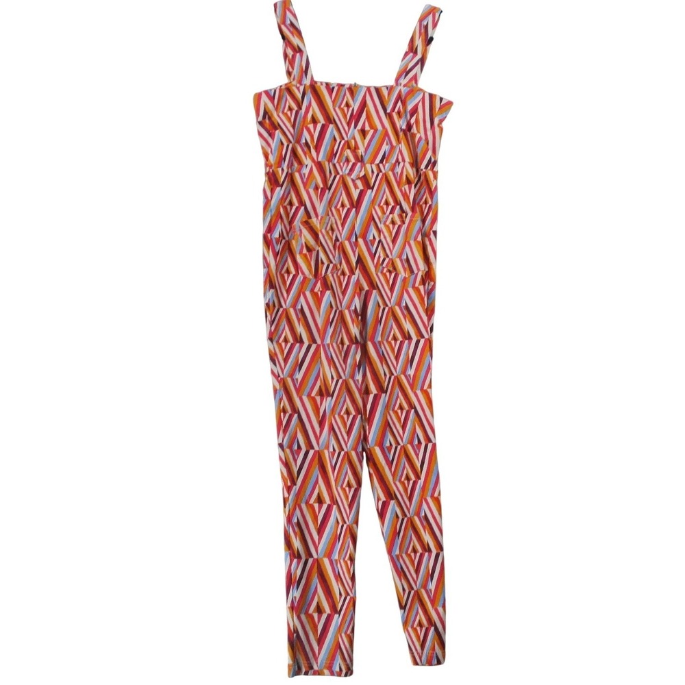 Geometric Print‎ Sleeveless Jumpsuit Womens Multi Color Square Neck Straight Leg
